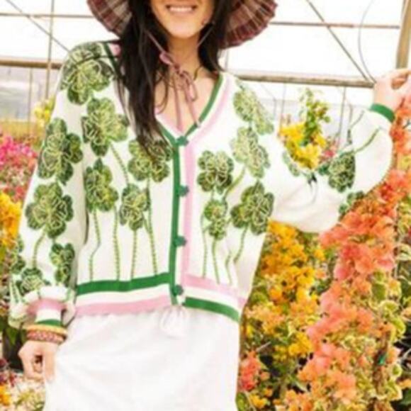 Queen Of Sparkles White, Green & Pink Stripe Beaded Shamrock Cardigan L - Picture 3 of 7